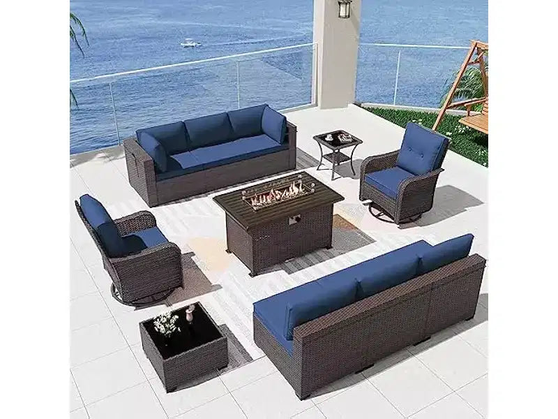 ALAULM Set di Mobili da Esterno da 11 Pezzi per Patio, Salotto da Esterno in Rattan con Tavolo a Focolare a Propano da 109 cm