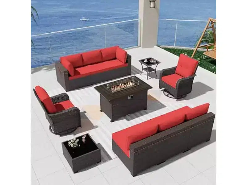 ALAULM Set di Mobili da Esterno da 11 Pezzi per Patio, Salotto da Esterno in Rattan con Tavolo a Focolare a Propano da 109 cm