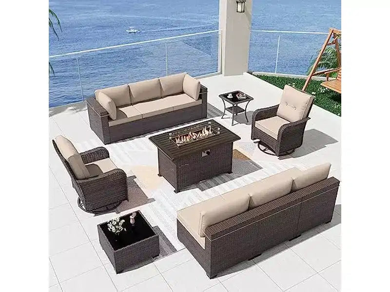 ALAULM Set di Mobili da Esterno da 11 Pezzi per Patio, Salotto da Esterno in Rattan con Tavolo a Focolare a Propano da 109 cm