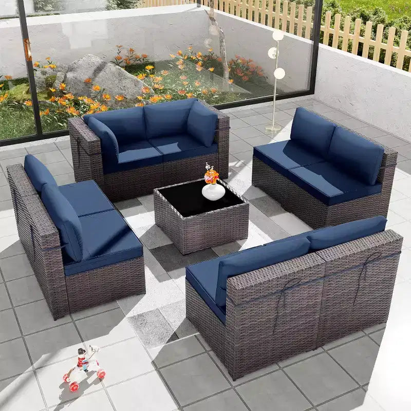 ALAULM Set di 9 mobili da giardino, set da conversazione per esterni in vimini e rattan, set divano da esterno