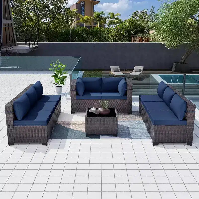 ALAULM Set di 9 mobili da giardino, set da conversazione per esterni in vimini e rattan, set divano da esterno