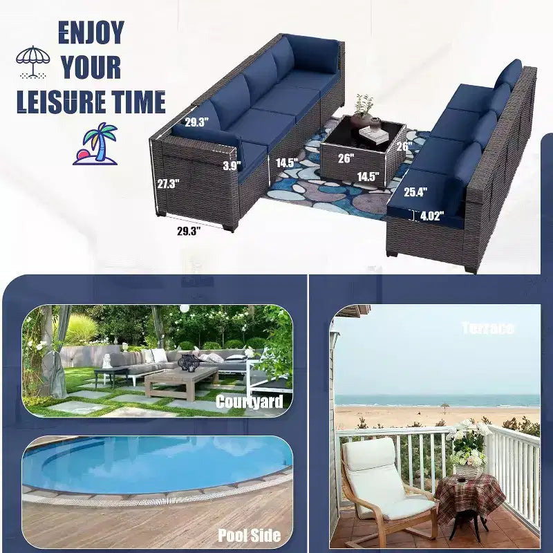 ALAULM Set di 9 mobili da giardino, set da conversazione per esterni in vimini e rattan, set divano da esterno