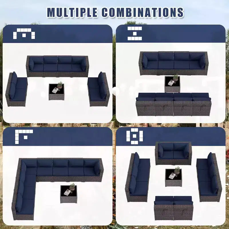 ALAULM Set di 9 mobili da giardino, set da conversazione per esterni in vimini e rattan, set divano da esterno