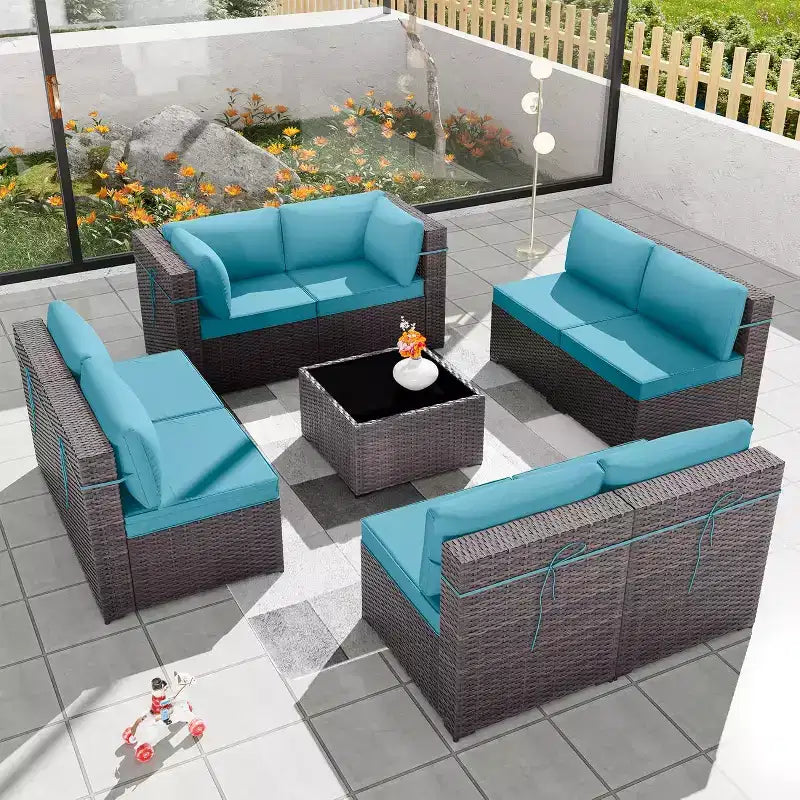 ALAULM Set di 9 mobili da giardino, set da conversazione per esterni in vimini e rattan, set divano da esterno