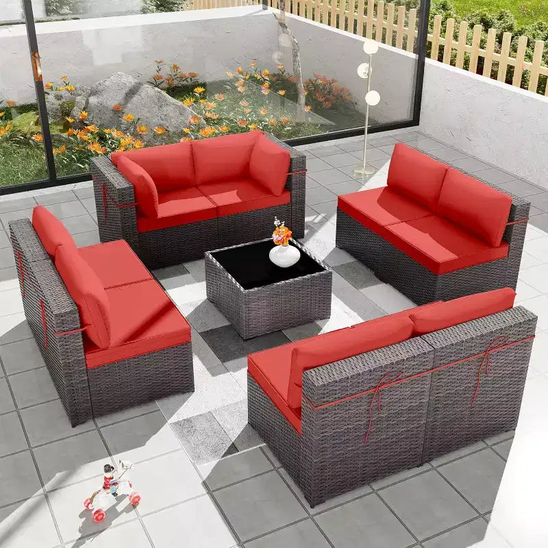 ALAULM Set di 9 mobili da giardino, set da conversazione per esterni in vimini e rattan, set divano da esterno