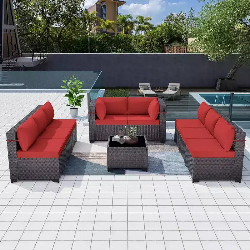 ALAULM Set di 9 mobili da giardino, set da conversazione per esterni in vimini e rattan, set divano da esterno