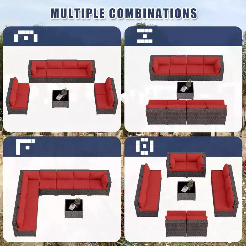 ALAULM Set di 9 mobili da giardino, set da conversazione per esterni in vimini e rattan, set divano da esterno