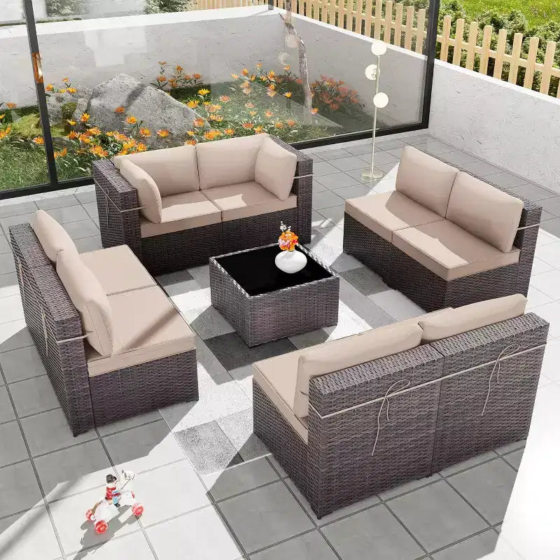ALAULM Set di 9 mobili da giardino, set da conversazione per esterni in vimini e rattan, set divano da esterno