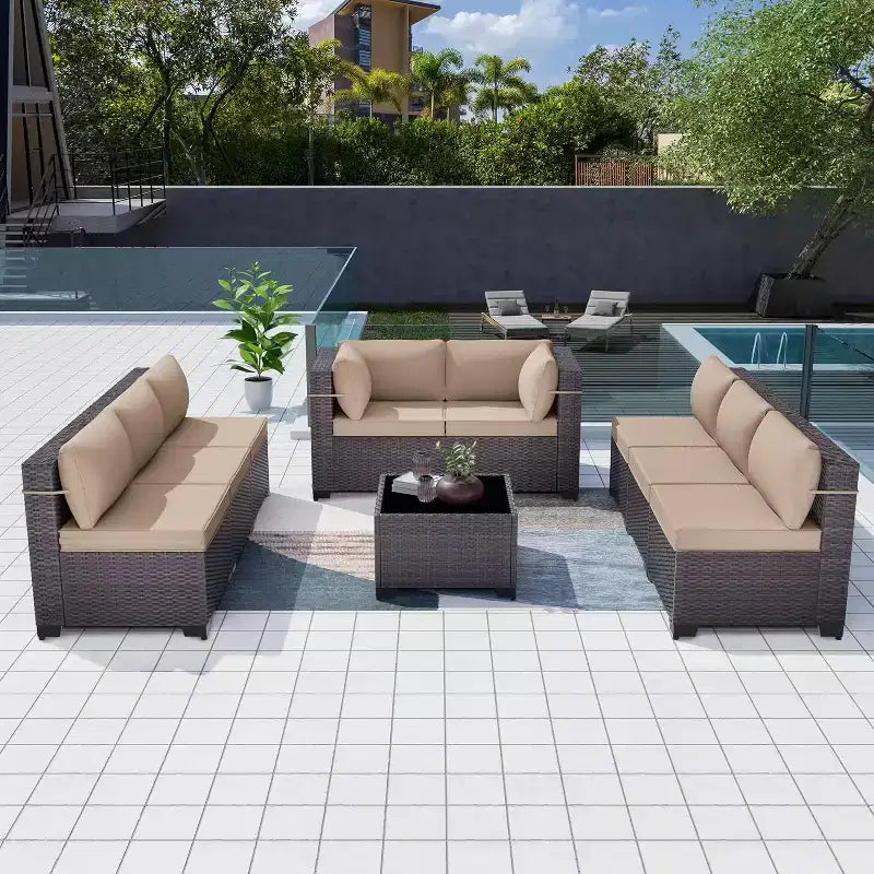 ALAULM Set di 9 mobili da giardino, set da conversazione per esterni in vimini e rattan, set divano da esterno