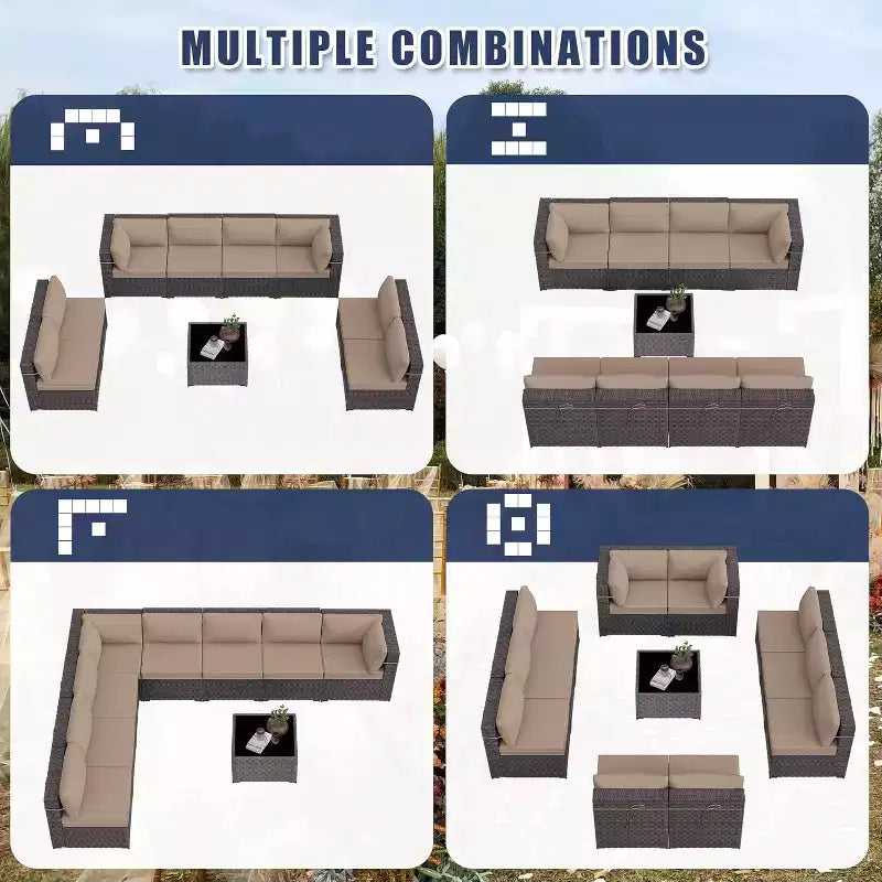 ALAULM Set di 9 mobili da giardino, set da conversazione per esterni in vimini e rattan, set divano da esterno