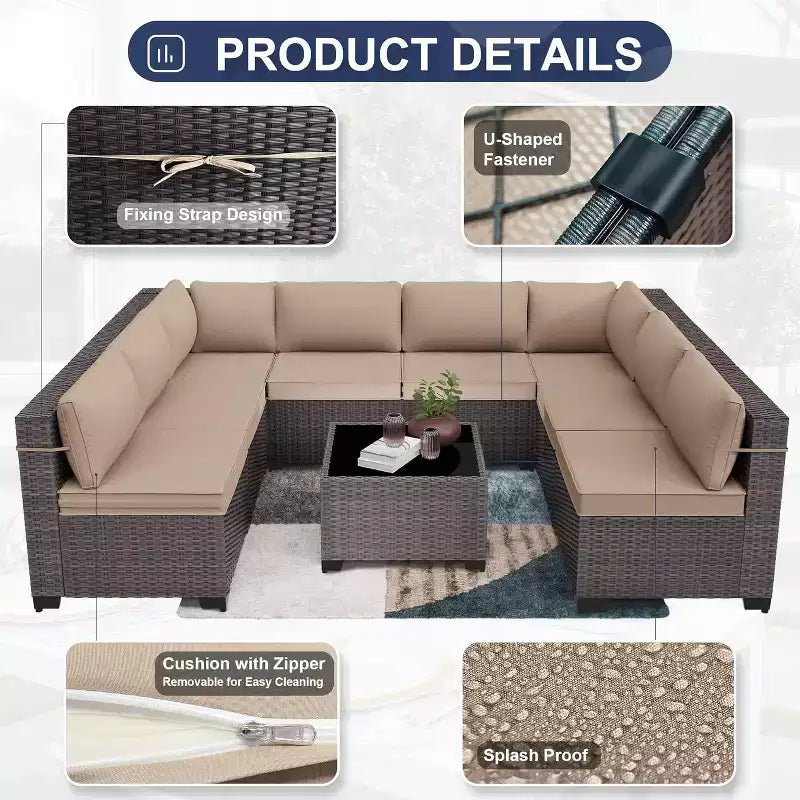 ALAULM Set di 9 mobili da giardino, set da conversazione per esterni in vimini e rattan, set divano da esterno