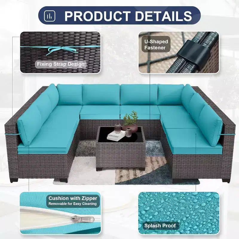 ALAULM Set di 9 mobili da giardino, set da conversazione per esterni in vimini e rattan, set divano da esterno