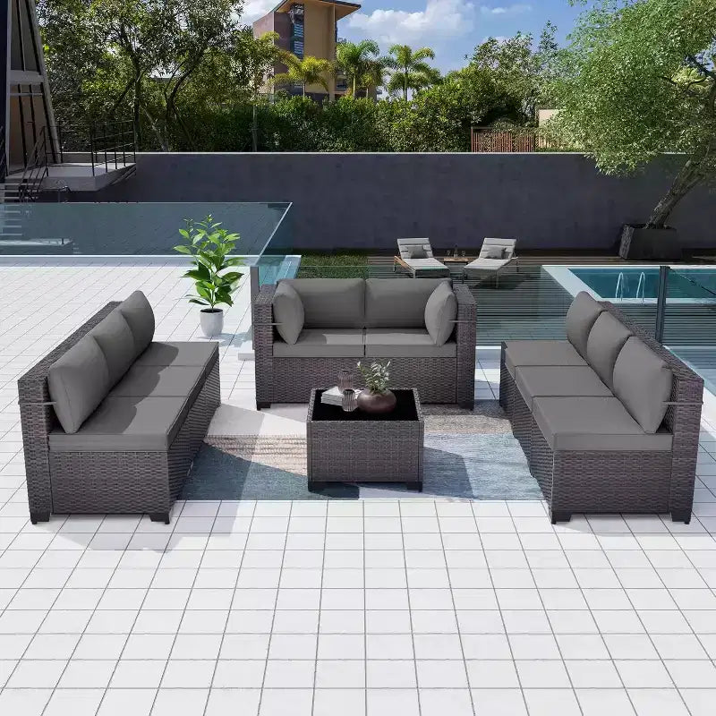ALAULM Set di 9 mobili da giardino, set da conversazione per esterni in vimini e rattan, set divano da esterno