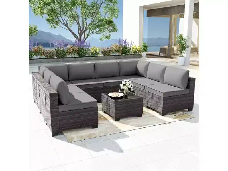 ALAULM Set di 9 mobili da giardino, set da conversazione per esterni in vimini e rattan, set divano da esterno
