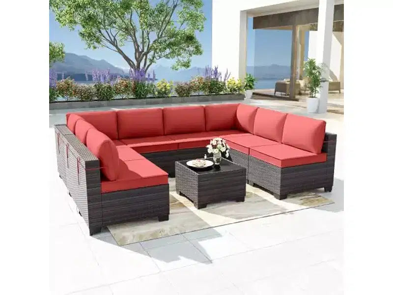 ALAULM Set di 9 mobili da giardino, set da conversazione per esterni in vimini e rattan, set divano da esterno