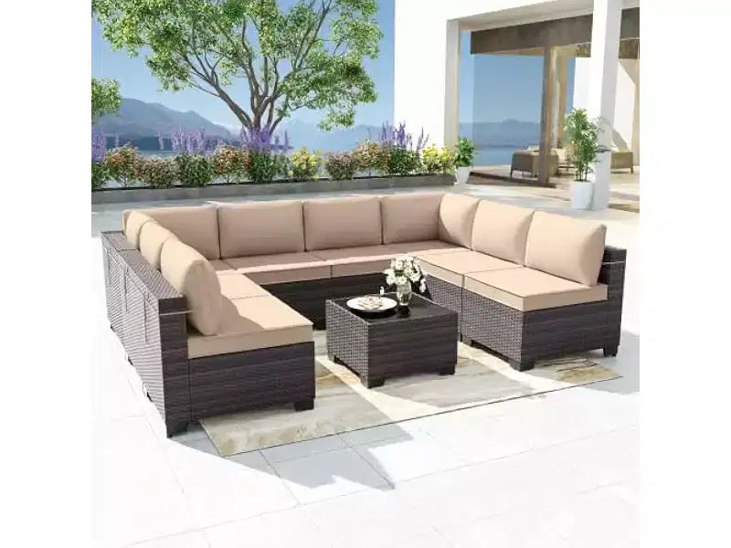 ALAULM Set di 9 mobili da giardino, set da conversazione per esterni in vimini e rattan, set divano da esterno