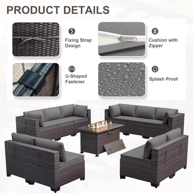 ALAULM Set di 11 Pezzi di Mobili da Giardino, Set Salotto Esterno in Rattan Intrecciato, Set Divani con Tavolo a Focolare a Propano da 43 Pollici