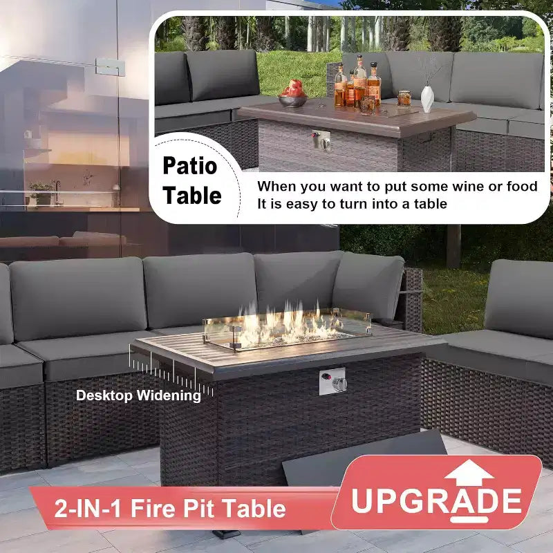 ALAULM Set di 11 Pezzi di Mobili da Giardino, Set Salotto Esterno in Rattan Intrecciato, Set Divani con Tavolo a Focolare a Propano da 43 Pollici