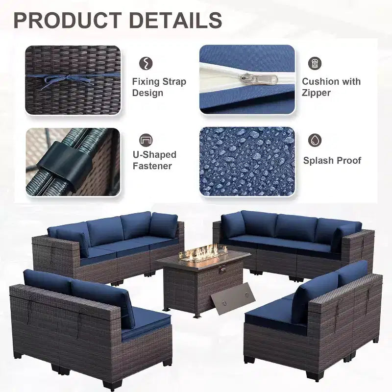 ALAULM Set di 11 Pezzi di Mobili da Giardino, Set Salotto Esterno in Rattan Intrecciato, Set Divani con Tavolo a Focolare a Propano da 43 Pollici