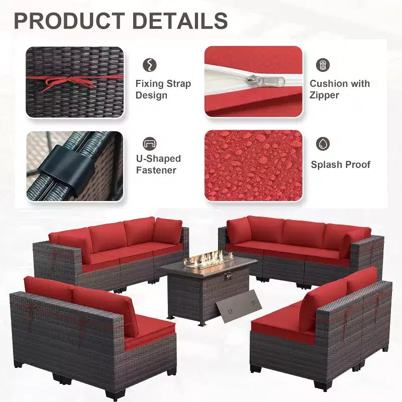 ALAULM Set di 11 Pezzi di Mobili da Giardino, Set Salotto Esterno in Rattan Intrecciato, Set Divani con Tavolo a Focolare a Propano da 43 Pollici