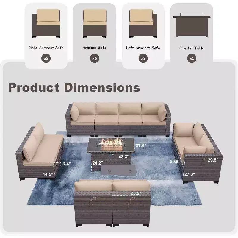 ALAULM Set di 11 Pezzi di Mobili da Giardino, Set Salotto Esterno in Rattan Intrecciato, Set Divani con Tavolo a Focolare a Propano da 43 Pollici