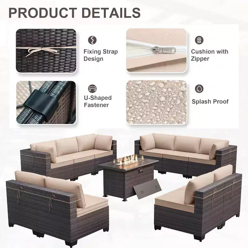 ALAULM Set di 11 Pezzi di Mobili da Giardino, Set Salotto Esterno in Rattan Intrecciato, Set Divani con Tavolo a Focolare a Propano da 43 Pollici
