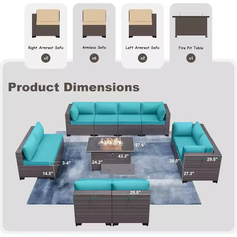 ALAULM Set di 11 Pezzi di Mobili da Giardino, Set Salotto Esterno in Rattan Intrecciato, Set Divani con Tavolo a Focolare a Propano da 43 Pollici