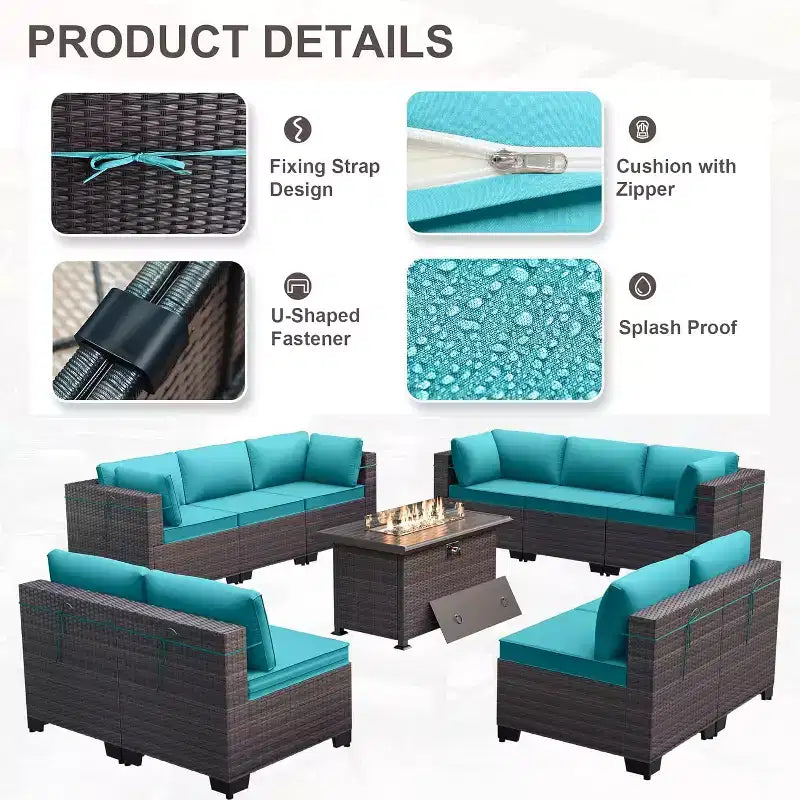 ALAULM Set di 11 Pezzi di Mobili da Giardino, Set Salotto Esterno in Rattan Intrecciato, Set Divani con Tavolo a Focolare a Propano da 43 Pollici