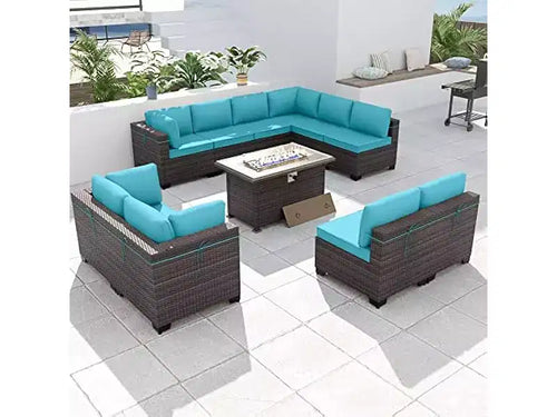ALAULM 11 Pieces Patio Furniture Set, Rattan Wicker Outdoor Conversation Sets, Furniture Sofa Set w/43in Propane Fire Pit Table