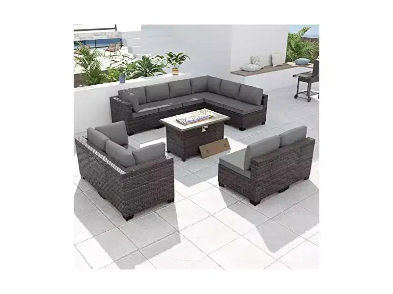 ALAULM Set di 11 Pezzi di Mobili da Giardino, Set Salotto Esterno in Rattan Intrecciato, Set Divani con Tavolo a Focolare a Propano da 43 Pollici