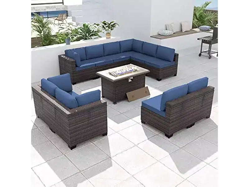 ALAULM Set di 11 Pezzi di Mobili da Giardino, Set Salotto Esterno in Rattan Intrecciato, Set Divani con Tavolo a Focolare a Propano da 43 Pollici
