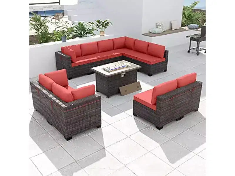 ALAULM Set di 11 Pezzi di Mobili da Giardino, Set Salotto Esterno in Rattan Intrecciato, Set Divani con Tavolo a Focolare a Propano da 43 Pollici