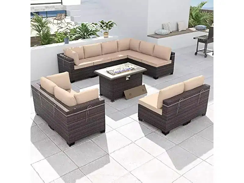 ALAULM Set di 11 Pezzi di Mobili da Giardino, Set Salotto Esterno in Rattan Intrecciato, Set Divani con Tavolo a Focolare a Propano da 43 Pollici