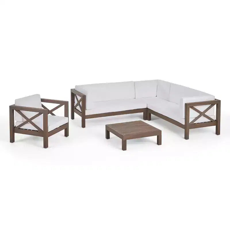 Christopher Knight Home George, set sezionale da esterno da 5 pezzi in legno di acacia con tavolino da caffè e cuscini