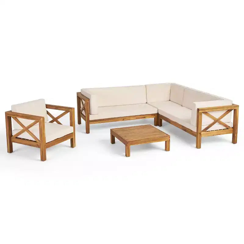 Christopher Knight Home George, set sezionale da esterno da 5 pezzi in legno di acacia con tavolino da caffè e cuscini