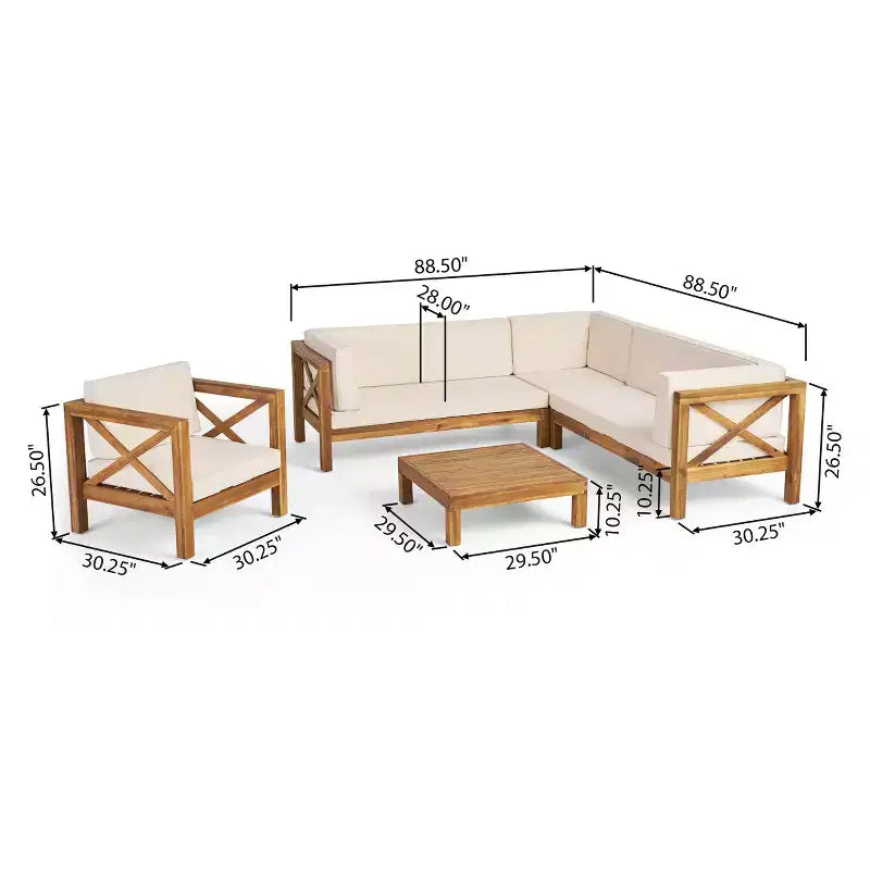 Christopher Knight Home George, set sezionale da esterno da 5 pezzi in legno di acacia con tavolino da caffè e cuscini