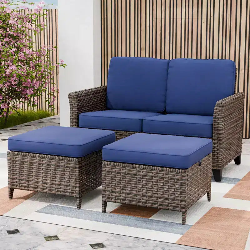 EAGLE PEAK Ocean Vista, divanetto da esterno in vimini a 3 pezzi, set divanetto conversazione in vimini variegato con pouf