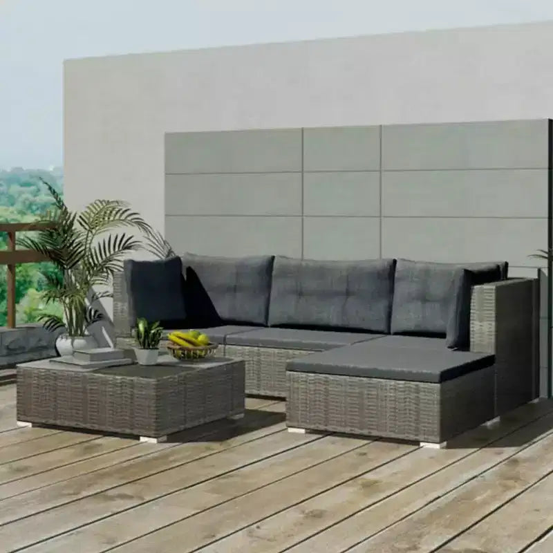 vidaXL Set Lounge da Esterno 5 Pezzi - Polyrattan, Grigio, con Cuscini, Fodere Rimovibili e Tavolino da Caffè - Perfetto per Bordo Piscina, Giardino, Cortile