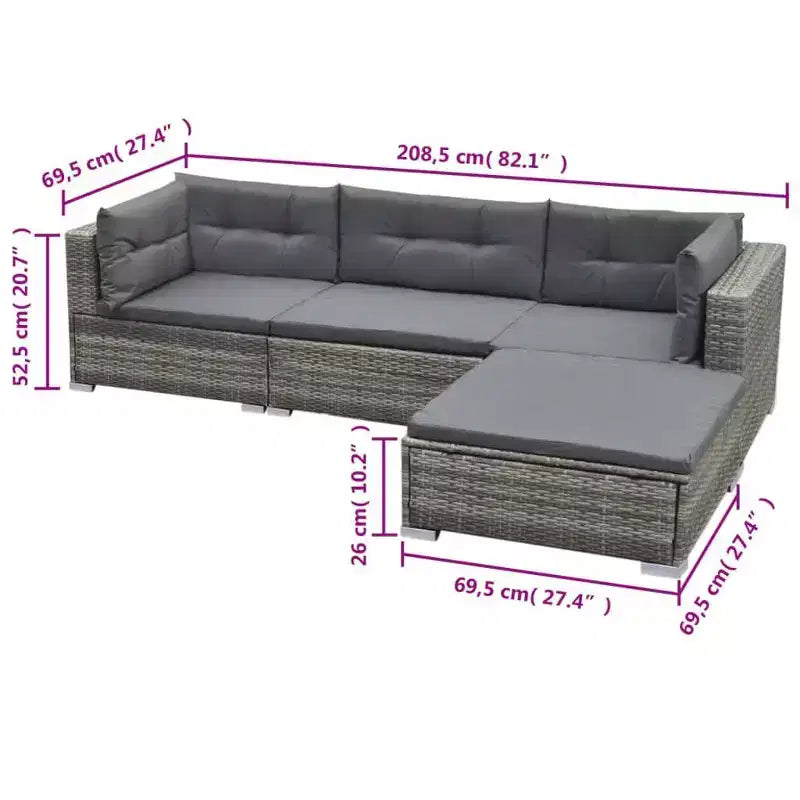 vidaXL Set Lounge da Esterno 5 Pezzi - Polyrattan, Grigio, con Cuscini, Fodere Rimovibili e Tavolino da Caffè - Perfetto per Bordo Piscina, Giardino, Cortile