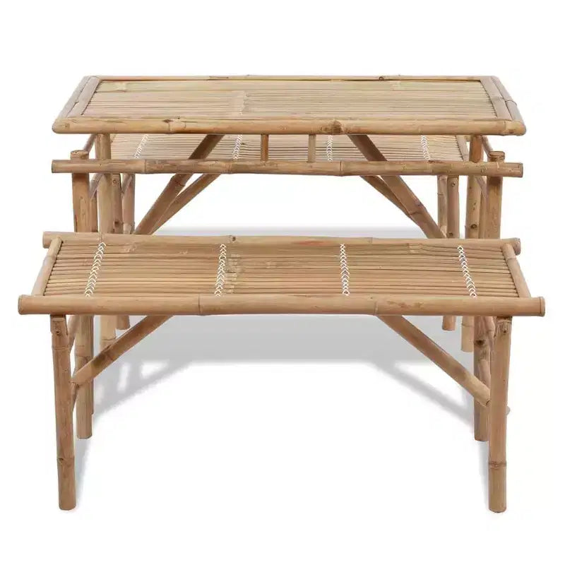 vidaXL Set 3 Pezzi Panca Tavolo da Picnic in Bambù - Mobili Pieghevoli da Giardino per Esterni - Tavolo Rettangolare e Panche Marroni