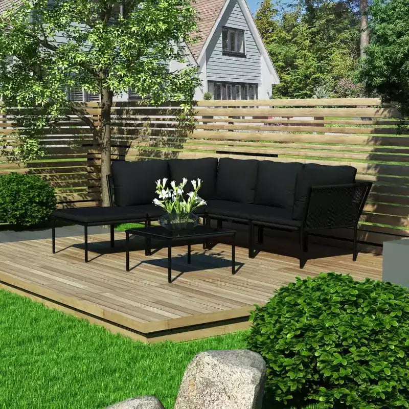 vidaXL Set da Salotto da Esterno a 6 Pezzi con Cuscini - Set di Mobili Modulari Neri in PVC con Telaio in Acciaio - Ideale per Giardino, Patio e Spazi Esterni