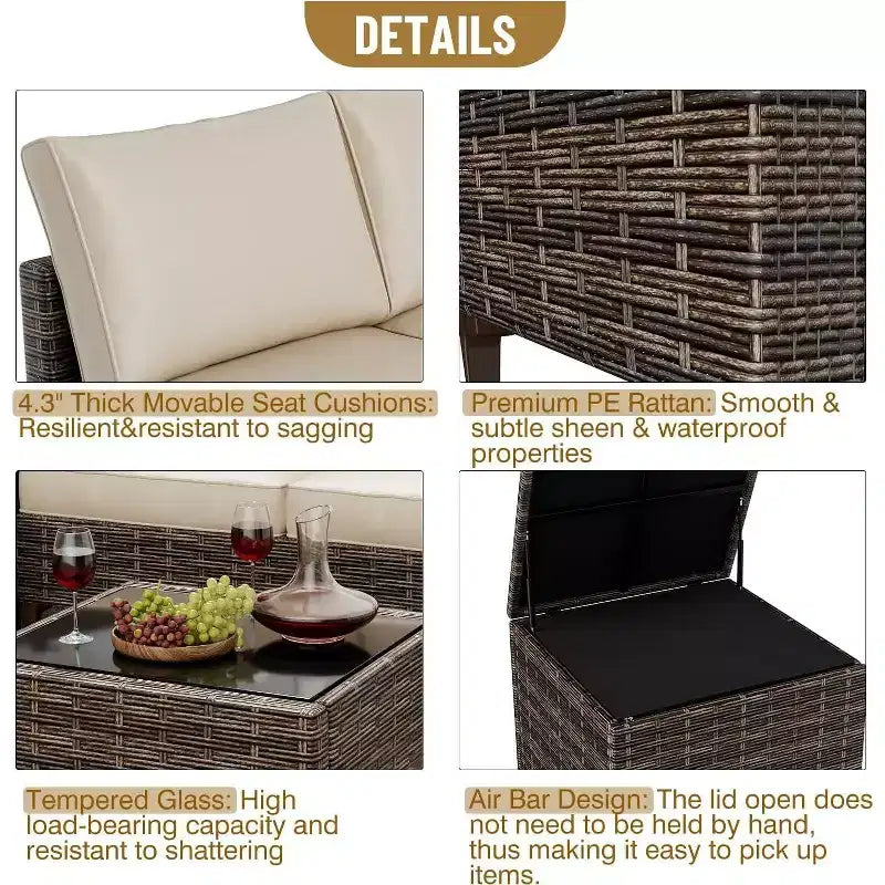 Acekool Set da 4 mobili da giardino in vimini PE nero con tavolo contenitore, divano componibile, piano in vetro e cuscini beige per spazi esterni