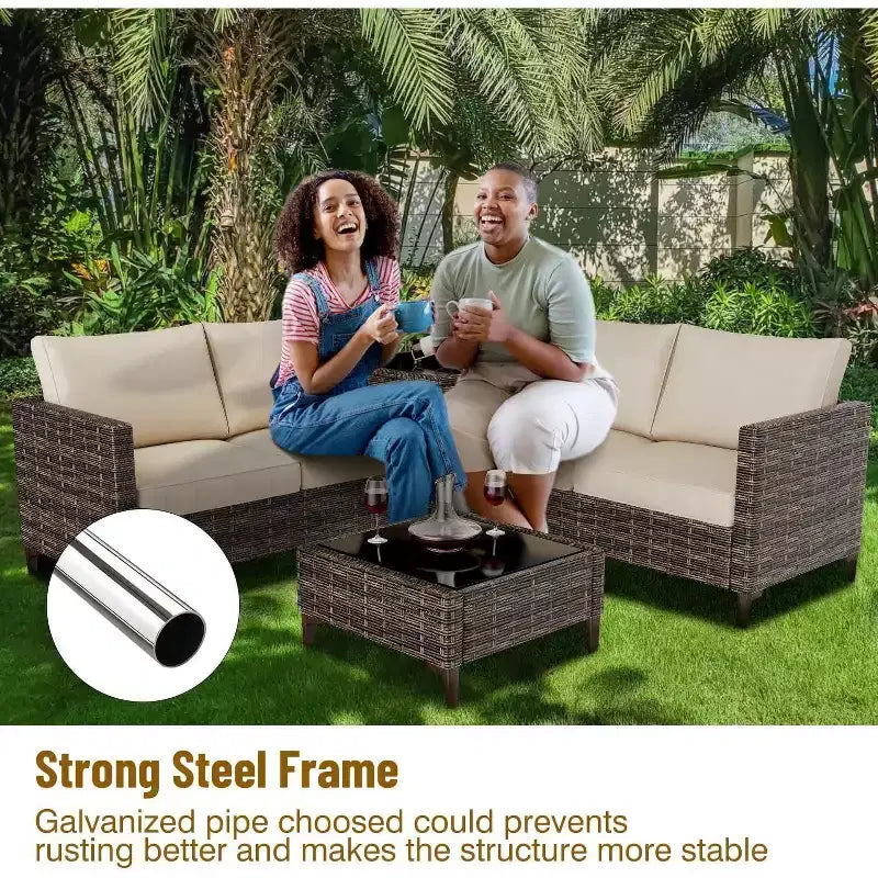 Acekool Set da 4 mobili da giardino in vimini PE nero con tavolo contenitore, divano componibile, piano in vetro e cuscini beige per spazi esterni