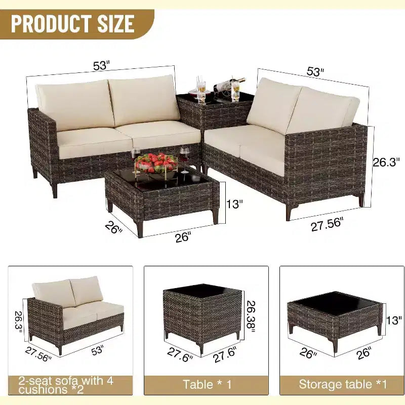 Acekool Set da 4 mobili da giardino in vimini PE nero con tavolo contenitore, divano componibile, piano in vetro e cuscini beige per spazi esterni