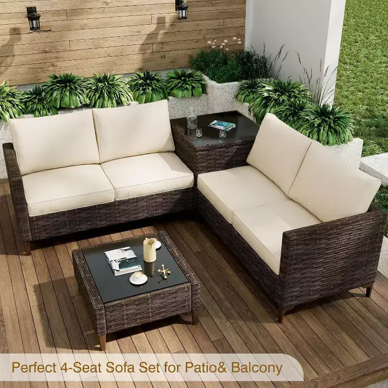 Acekool Set da 4 mobili da giardino in vimini PE nero con tavolo contenitore, divano componibile, piano in vetro e cuscini beige per spazi esterni