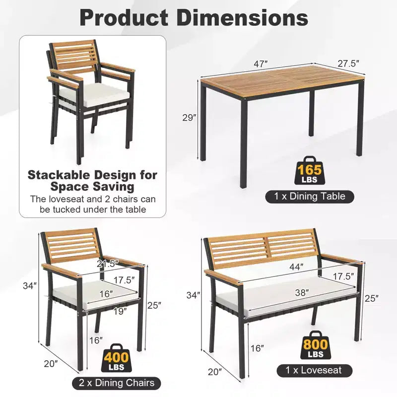 Set di mobili da giardino Costway 4 pezzi con legno di acacia e struttura in metallo, ombrellone, 1 tavolo