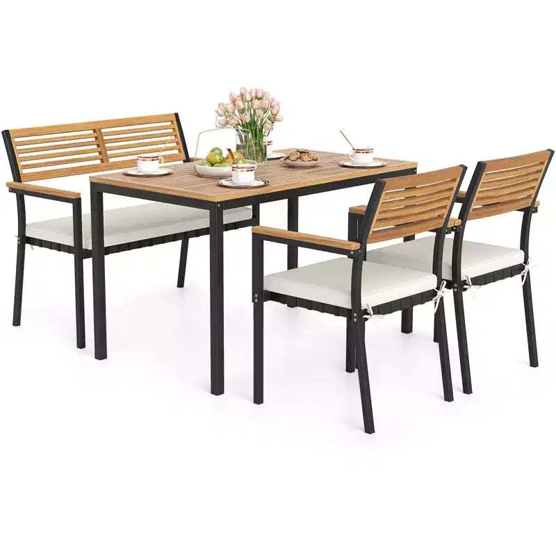 Set di mobili da giardino Costway 4 pezzi con legno di acacia e struttura in metallo, ombrellone, 1 tavolo