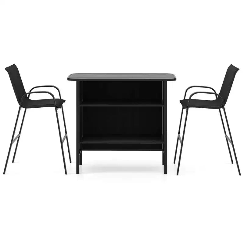 Set da Bar per Esterni Costway 3 Pezzi Tavolo e Poltrone Altezza Bar con Poggiapiedi Ripiano a 2 Livelli Marrone/Nero/Grigio