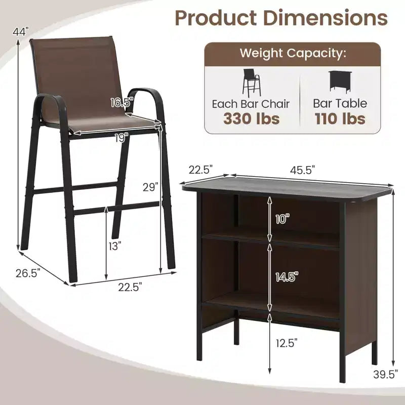 Set da Bar per Esterni Costway 3 Pezzi Tavolo e Poltrone Altezza Bar con Poggiapiedi Ripiano a 2 Livelli Marrone/Nero/Grigio
