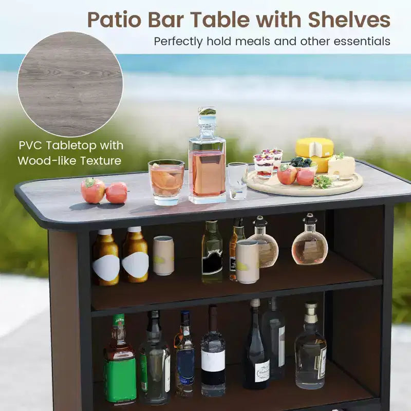Set da Bar per Esterni Costway 3 Pezzi Tavolo e Poltrone Altezza Bar con Poggiapiedi Ripiano a 2 Livelli Marrone/Nero/Grigio